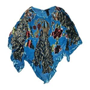 Vtg Velvet Peacock Shawl Scarf Beaded Semi Sheer Colorful Poncho Size 14/20 Boho